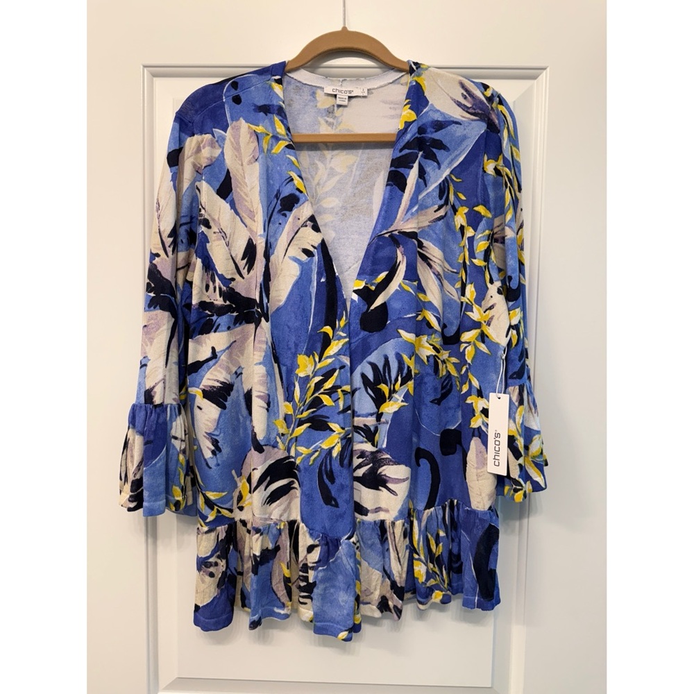 NWT Chico's Amparo Blue Floral Tropic Open Front Cardigan Sweater L Size 2